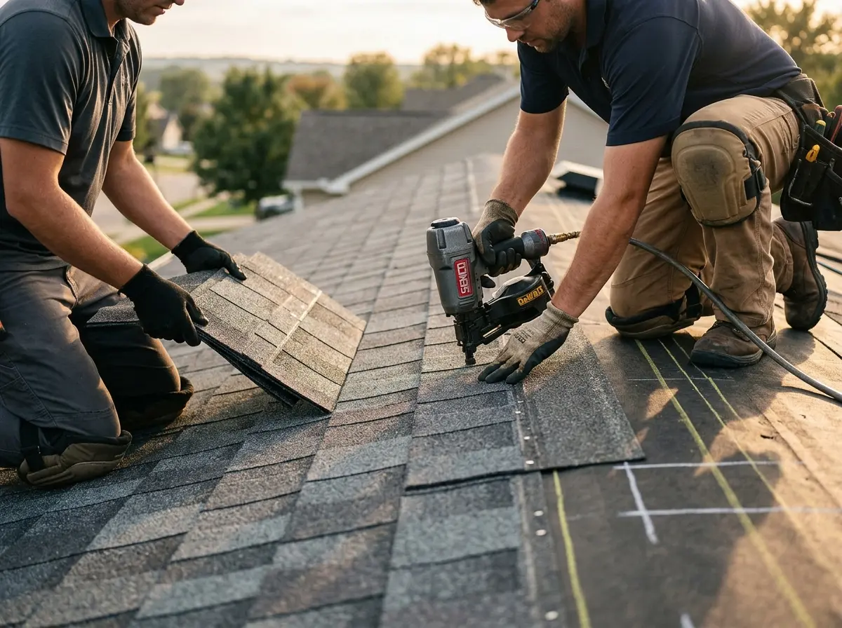 Professional roofer working on a residential roof in Blair